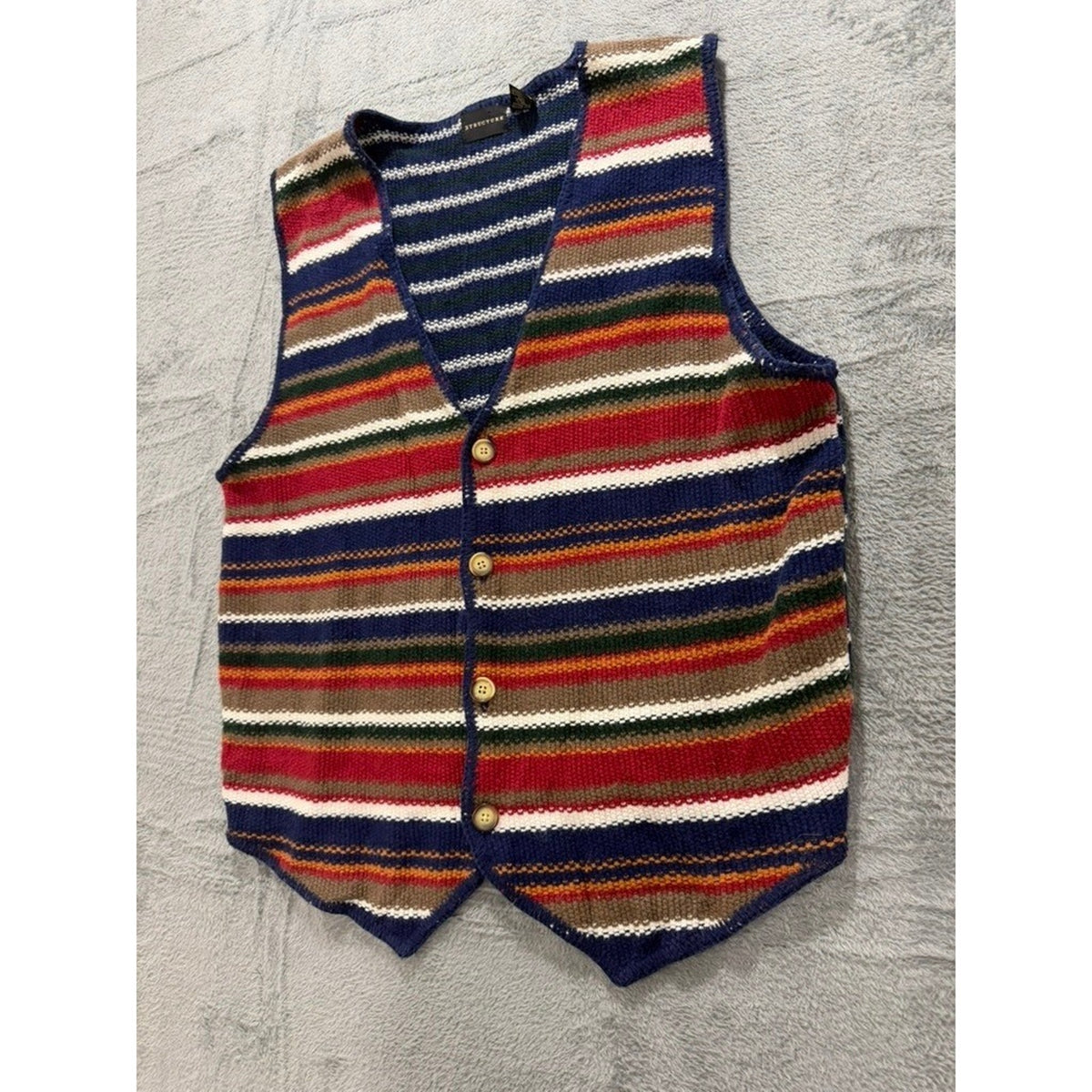 Structure Sweater Vest Mens XL Multicolor Striped Knit Button V Neck Retro