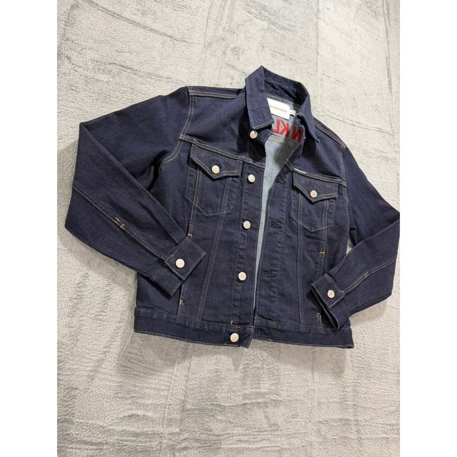Calvin Klein Jeans Womens Small Dark Indigo Denim Trucker Jacket Red Logo Back