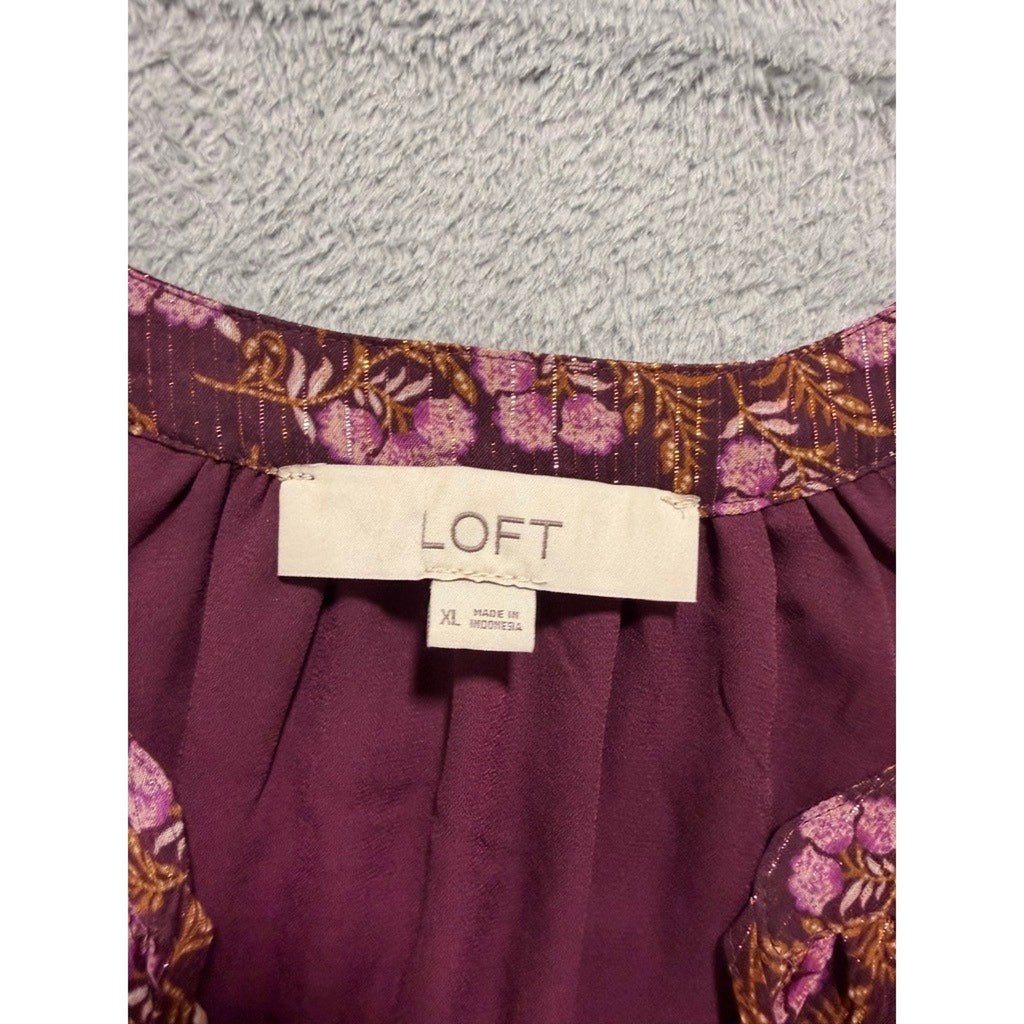 LOFT Womens XL Plum Floral Metallic Stripe Split Neck Balloon Sleeve Blouse