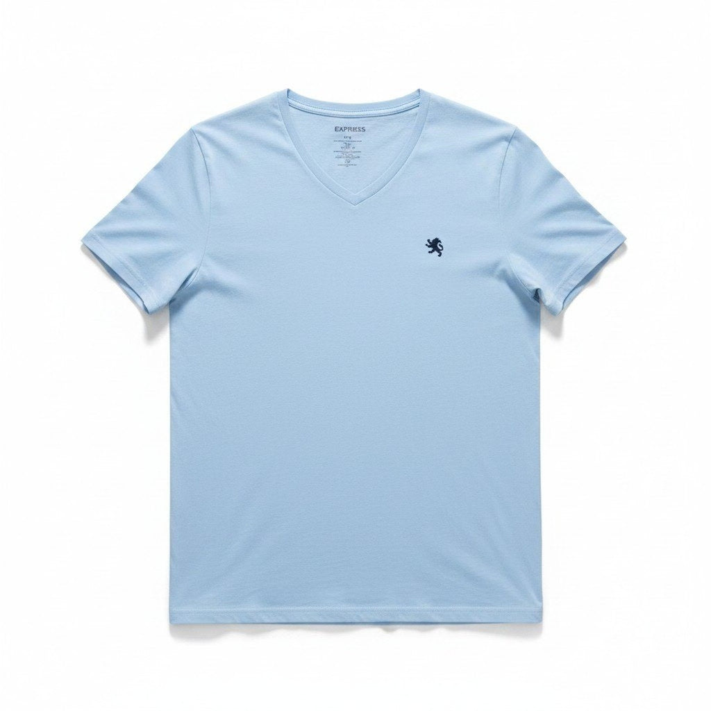 Express L Light Blue V-Neck T-Shirt Mens Casual Minimalist Short Sleeve Tee