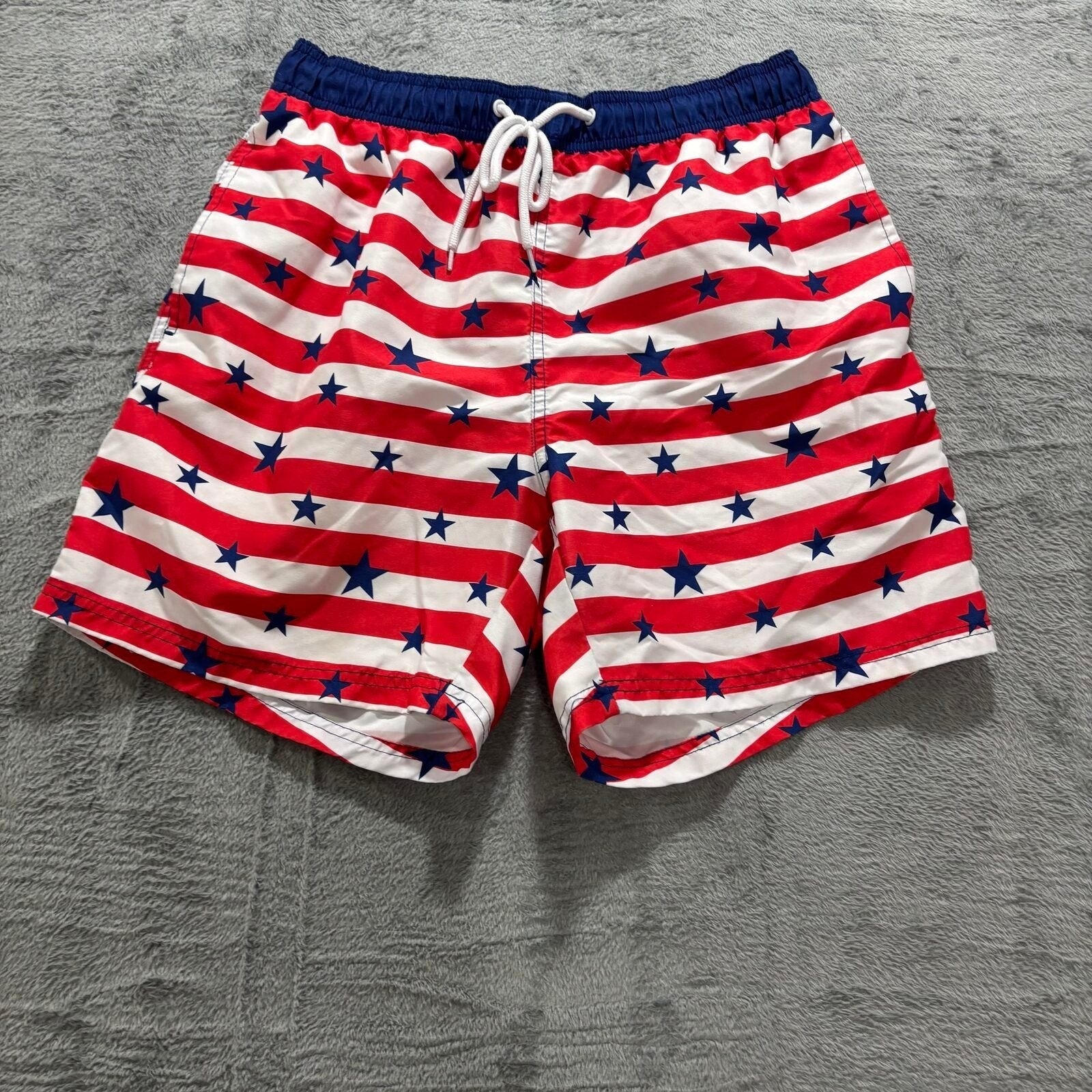 Way to Celebrate! M Red White Blue Stars Stripes Swim Trunks Patriotic Casual
