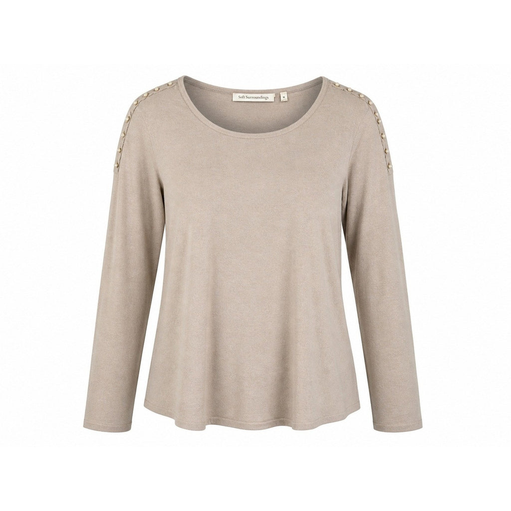 Soft Surroundings Taupe Pearl Embellished Scoop Neck Knit Sweater Top 2EU91 Mens