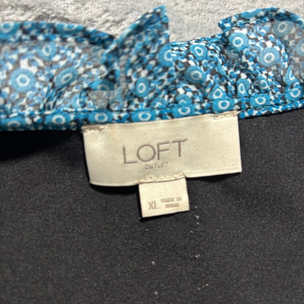 LOFT Womens XL Blue Geometric Print Ruffle Neck Midi Dress Casual Boho Preppy