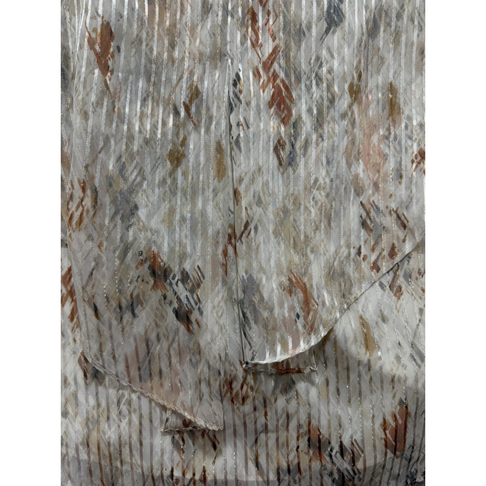 White House Black Market XS Tiered Ruffle Shell Top Metallic Stripe Abstract Tan