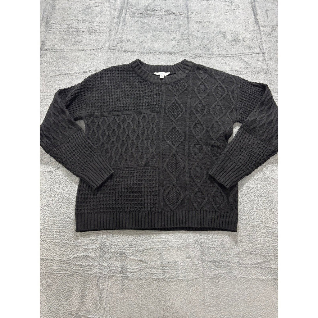 Time and Tru M Black Womens Mixed Cable Knit Sweater Crewneck Cozy Casual Boho
