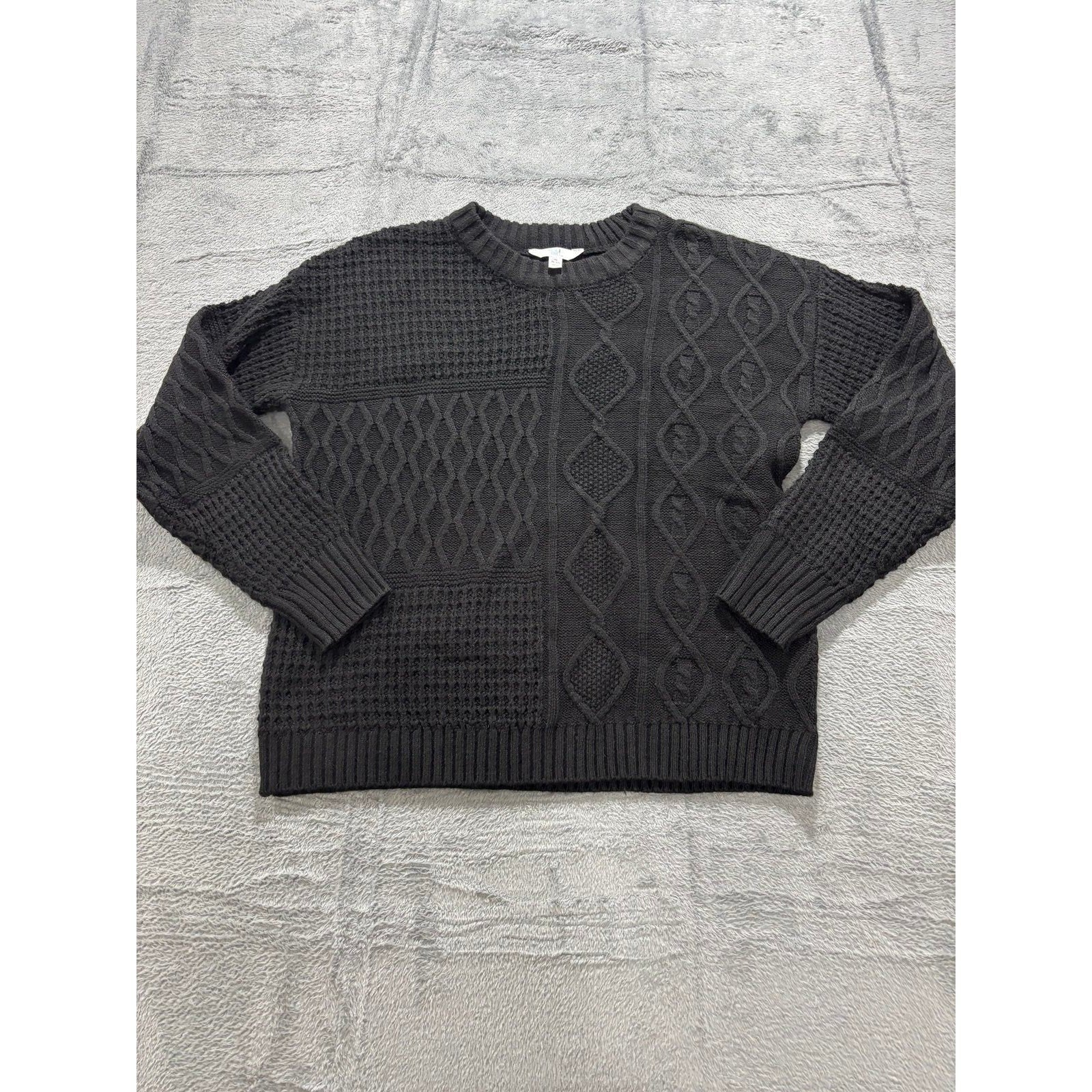 Time and Tru M Black Womens Mixed Cable Knit Sweater Crewneck Cozy Casual Boho