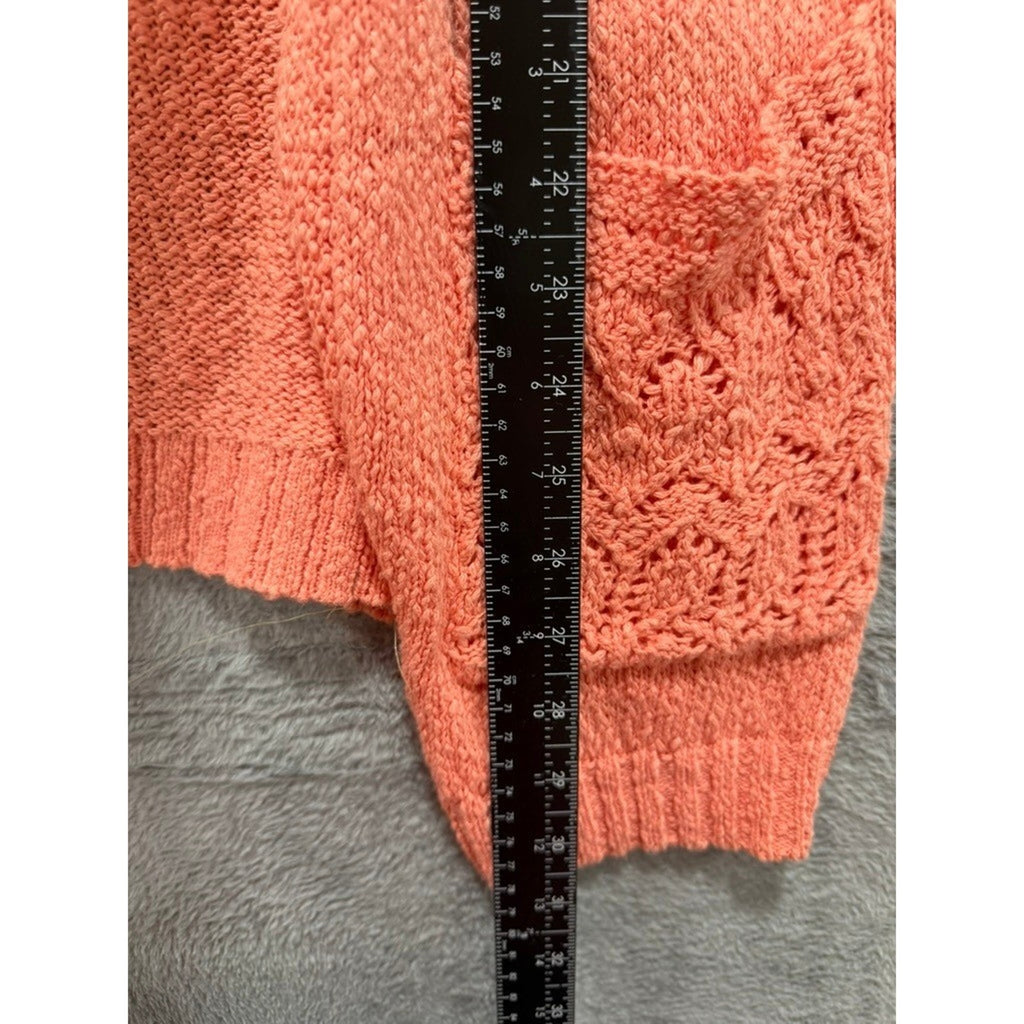 Bridgehampton Isaac Mizrahi Live Women Coral Pink Crochet Pointelle Cardigan L