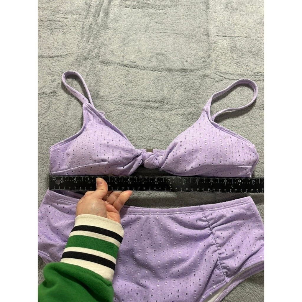 Lavender Eyelet Knot Front High Waisted Bikini Set Purple 1XL Plus Size Swimwear