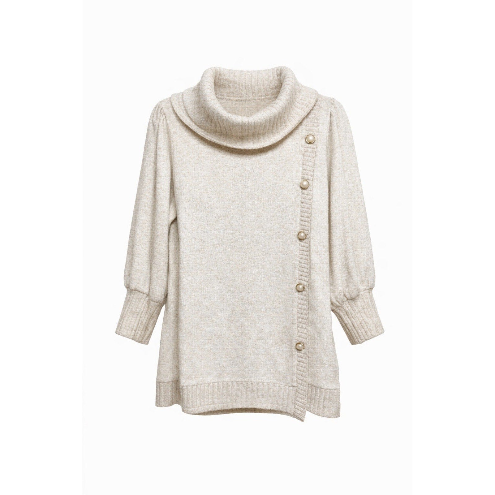Adrienne Vittadini Cowl Neck Sweater Cream Button Detail Asym Hem Women's Large