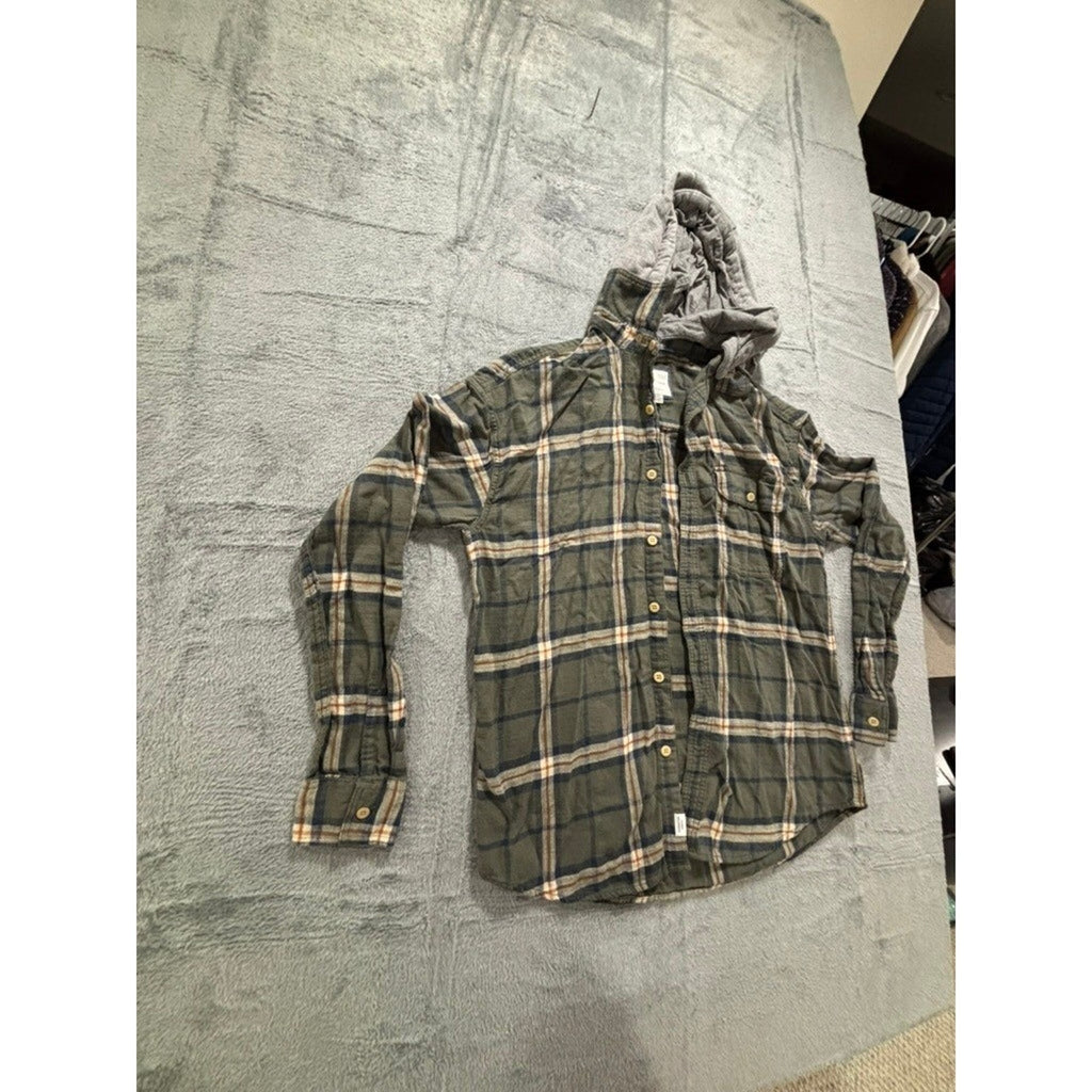 American Eagle M Green Plaid Hooded Flannel Shirt Womens Vintage Casual Cozy