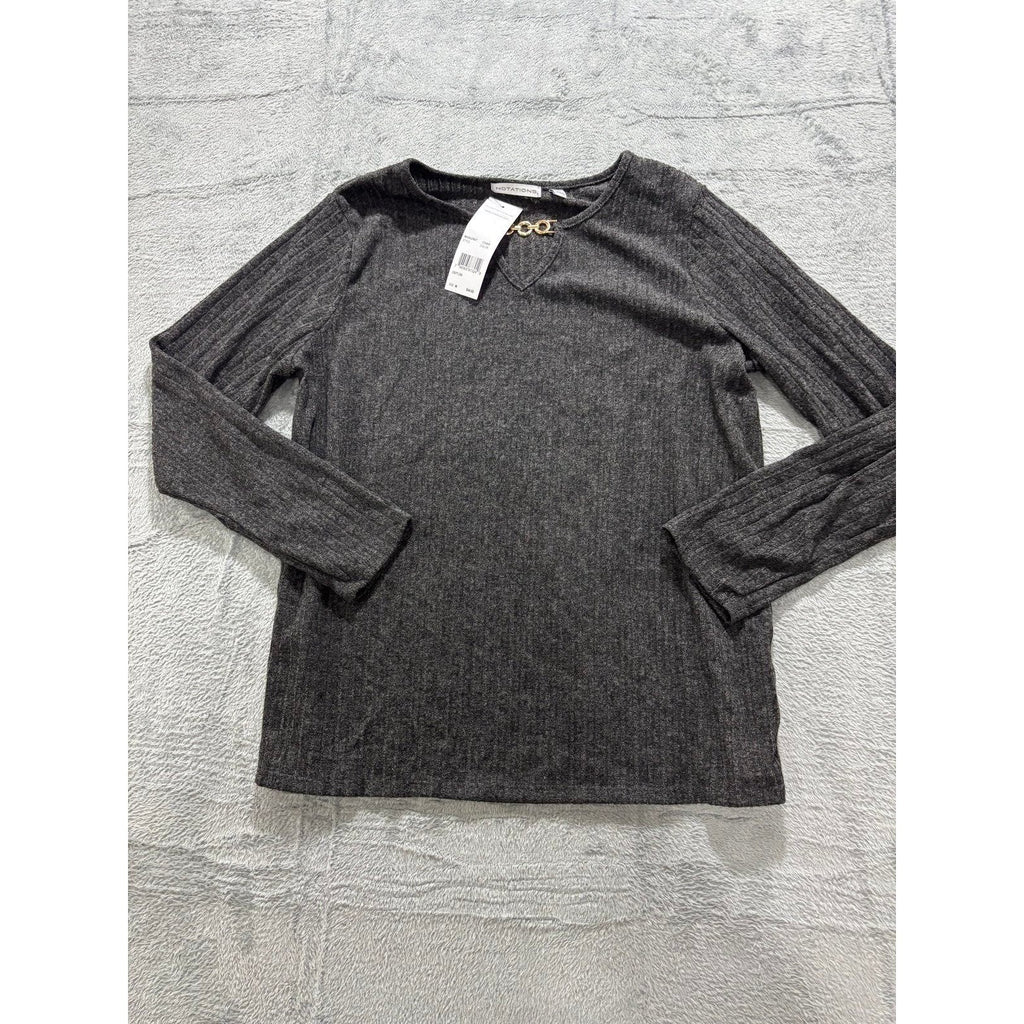 Notations Womens M Charcoal Gray Ribbed Long Sleeve Top Gold Chain Casual Preppy