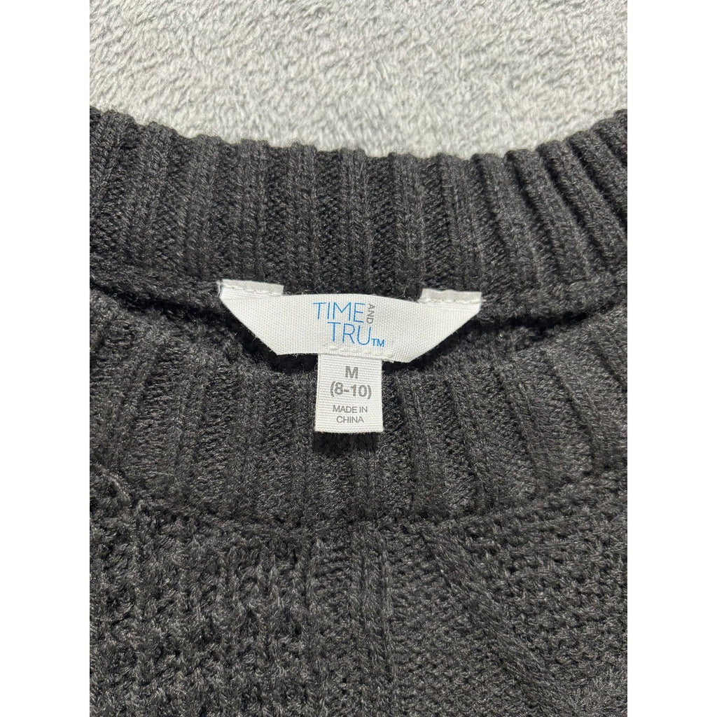 Time and Tru M Black Womens Mixed Cable Knit Sweater Crewneck Cozy Casual Boho