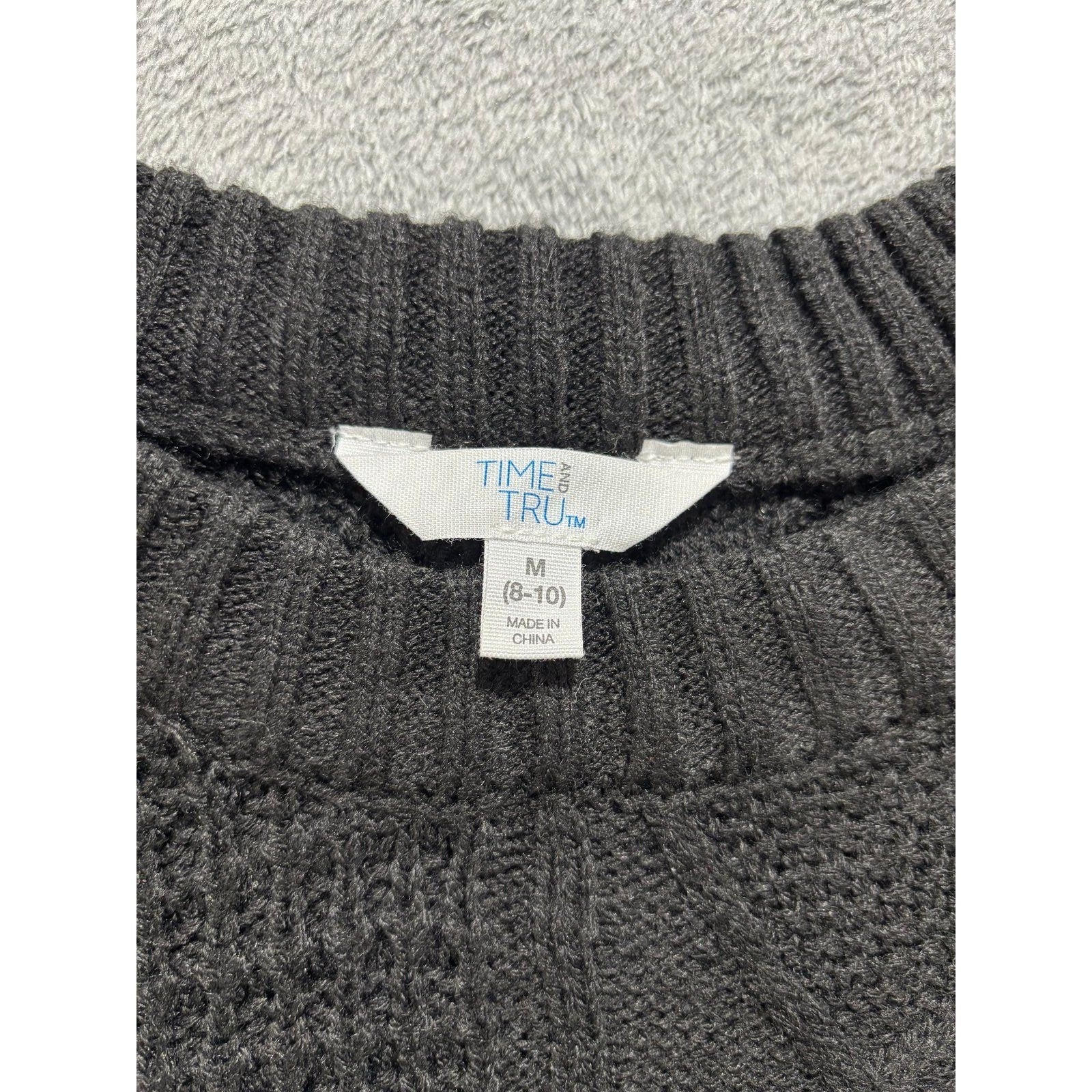 Time and Tru M Black Womens Mixed Cable Knit Sweater Crewneck Cozy Casual Boho