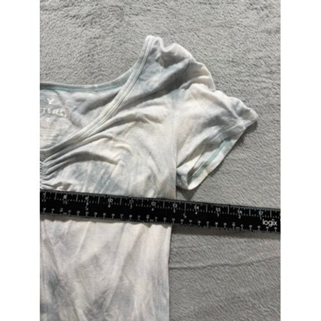American Eagle Soft & Sexy Tie Dye Ruched V-Neck Lettuce Edge Baby Tee Blue S