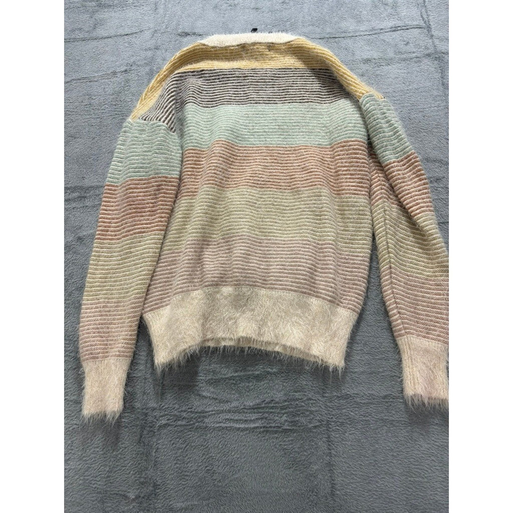 On Blue Womens Striped Eyelash Knit Sweater Multicolor Crew Neck Large Cozy
