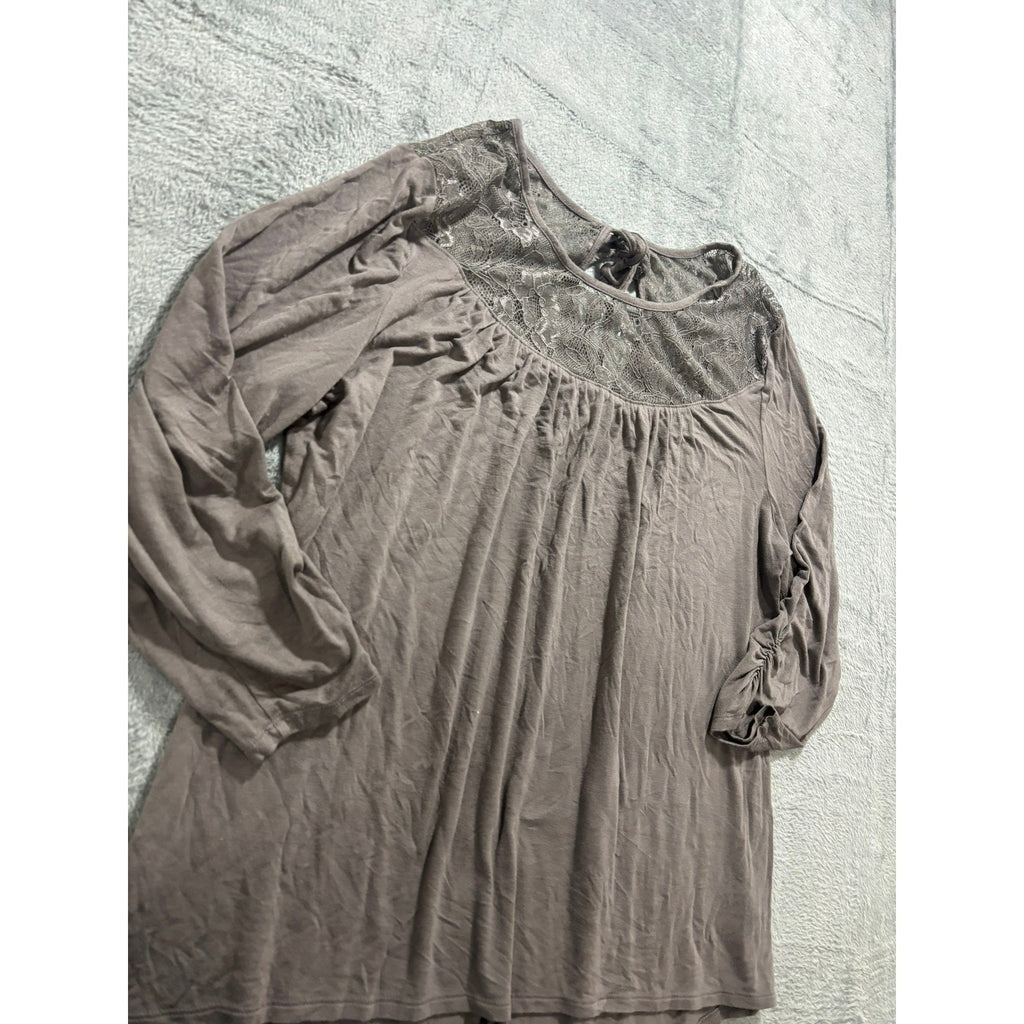 Maurices Womens XL Taupe Lace Yoke Tie Back Long Sleeve Ruched Peasant Top