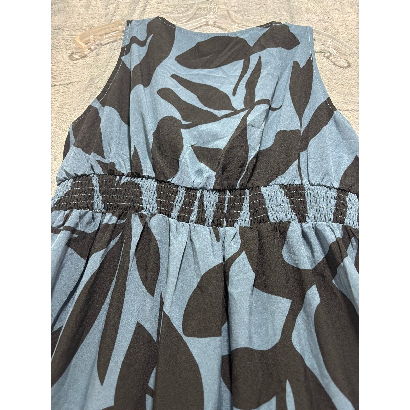 Blue Black Tropical Leaf Print Smocked Tiered Maxi Dress Women Medium Vacation