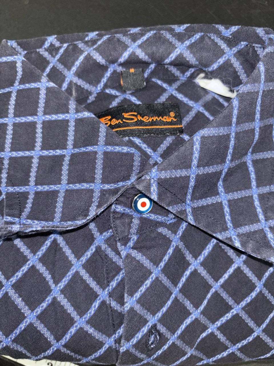 Ben Sherman Mens M Navy Blue Diamond Check Long Sleeve Button Up Dress Shirt