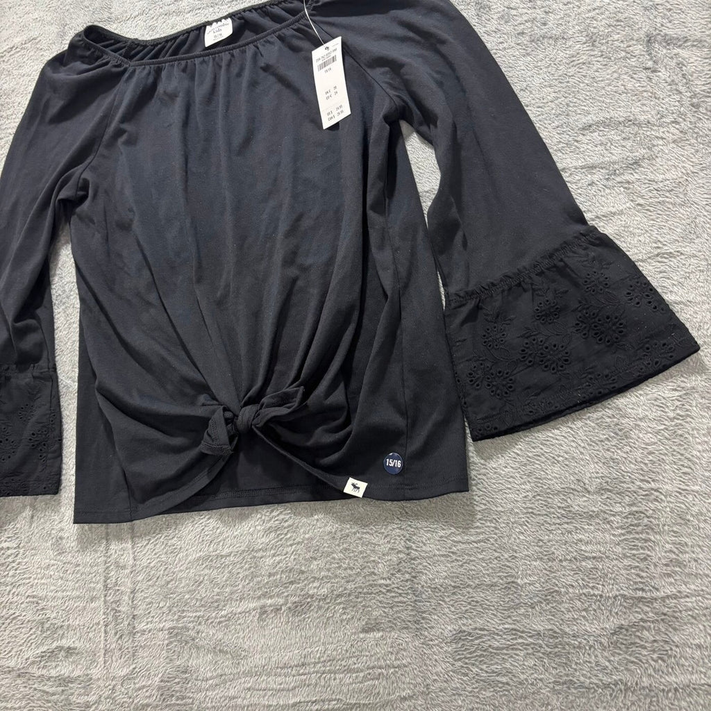 Abercrombie Kids 15/16 Black Womens Front Tie Top Bell Sleeve Boho Casual NEW