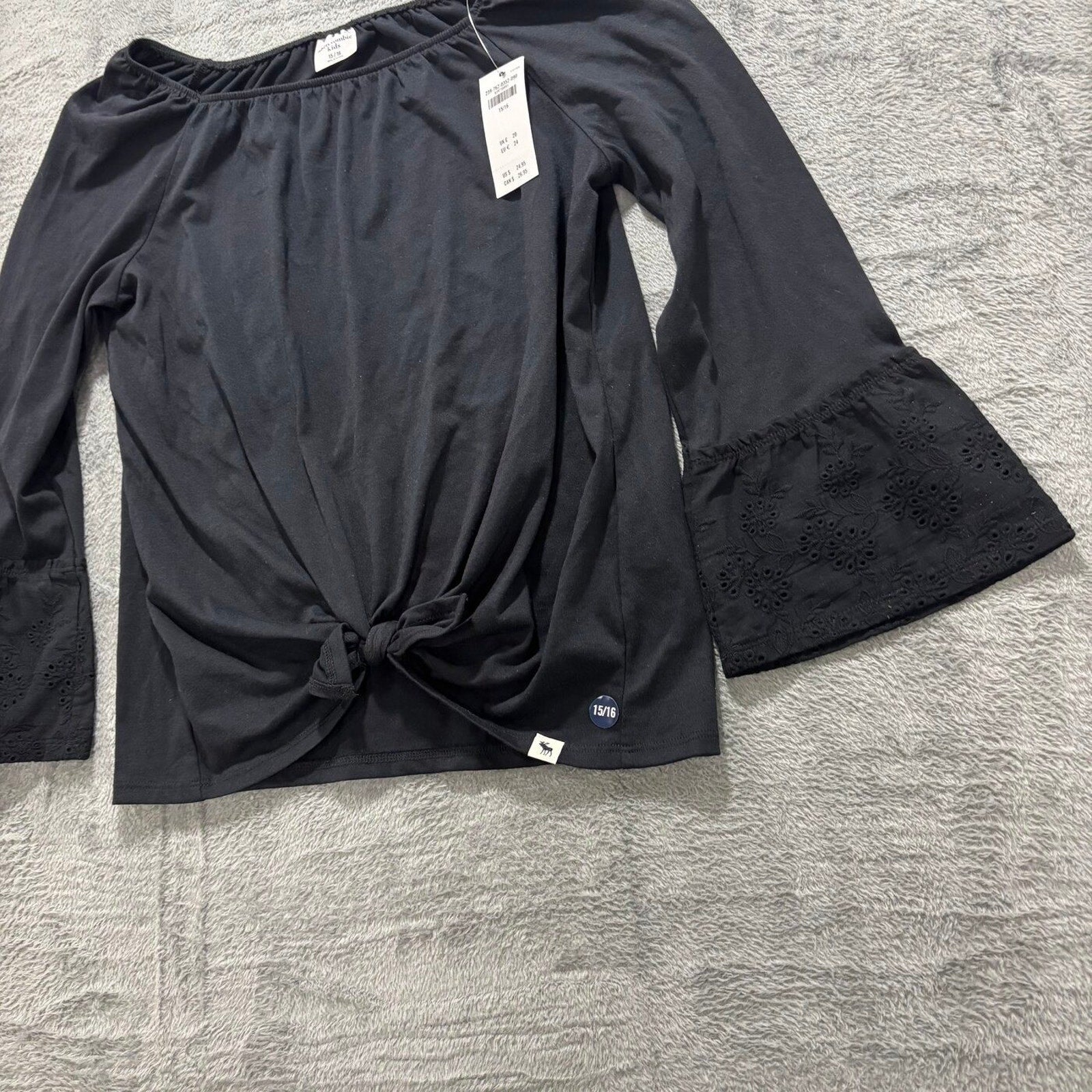 Abercrombie Kids 15/16 Black Womens Front Tie Top Bell Sleeve Boho Casual NEW