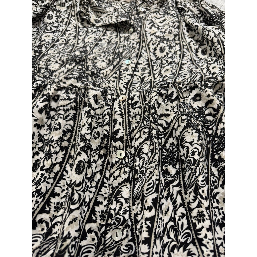 Made with Love Black White Paisley Floral Tiered Mini Dress Ruffle Neck LD3944 M