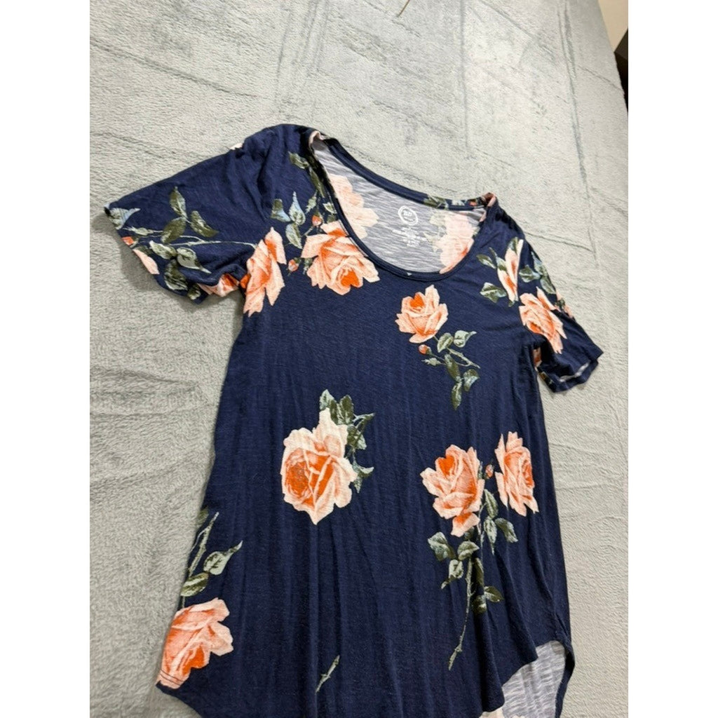 Maurices 24/7 Navy Peach Rose Floral High-Low T-Shirt Womens Large Boho Scoop