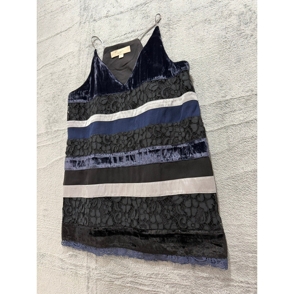 LOFT Womens Velvet Lace Striped Camisole Top Navy Black Silver XS V-Neck Strap
