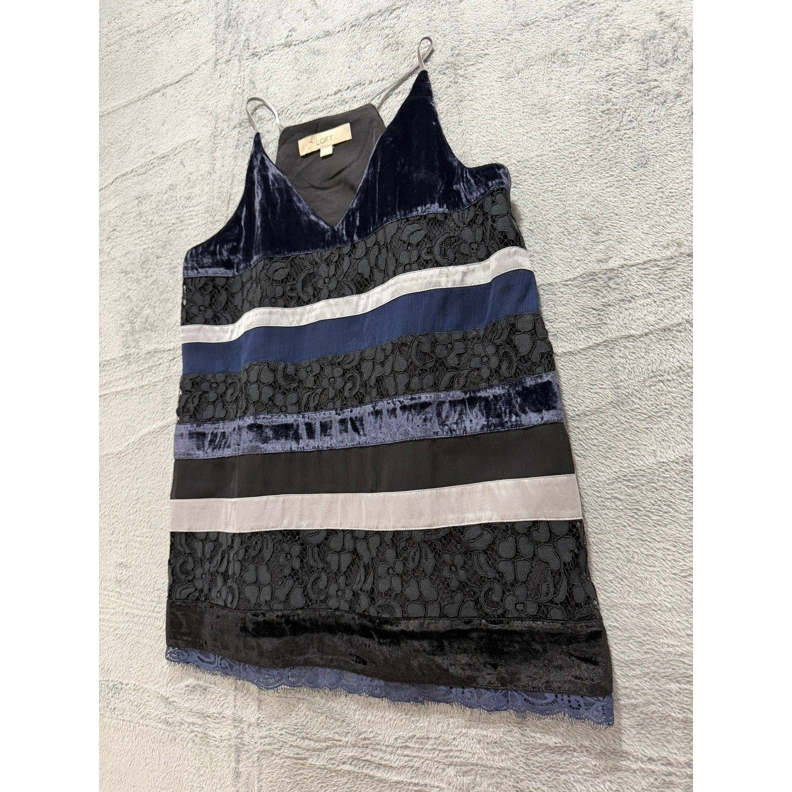 LOFT Womens Velvet Lace Striped Camisole Top Navy Black Silver XS V-Neck Strap