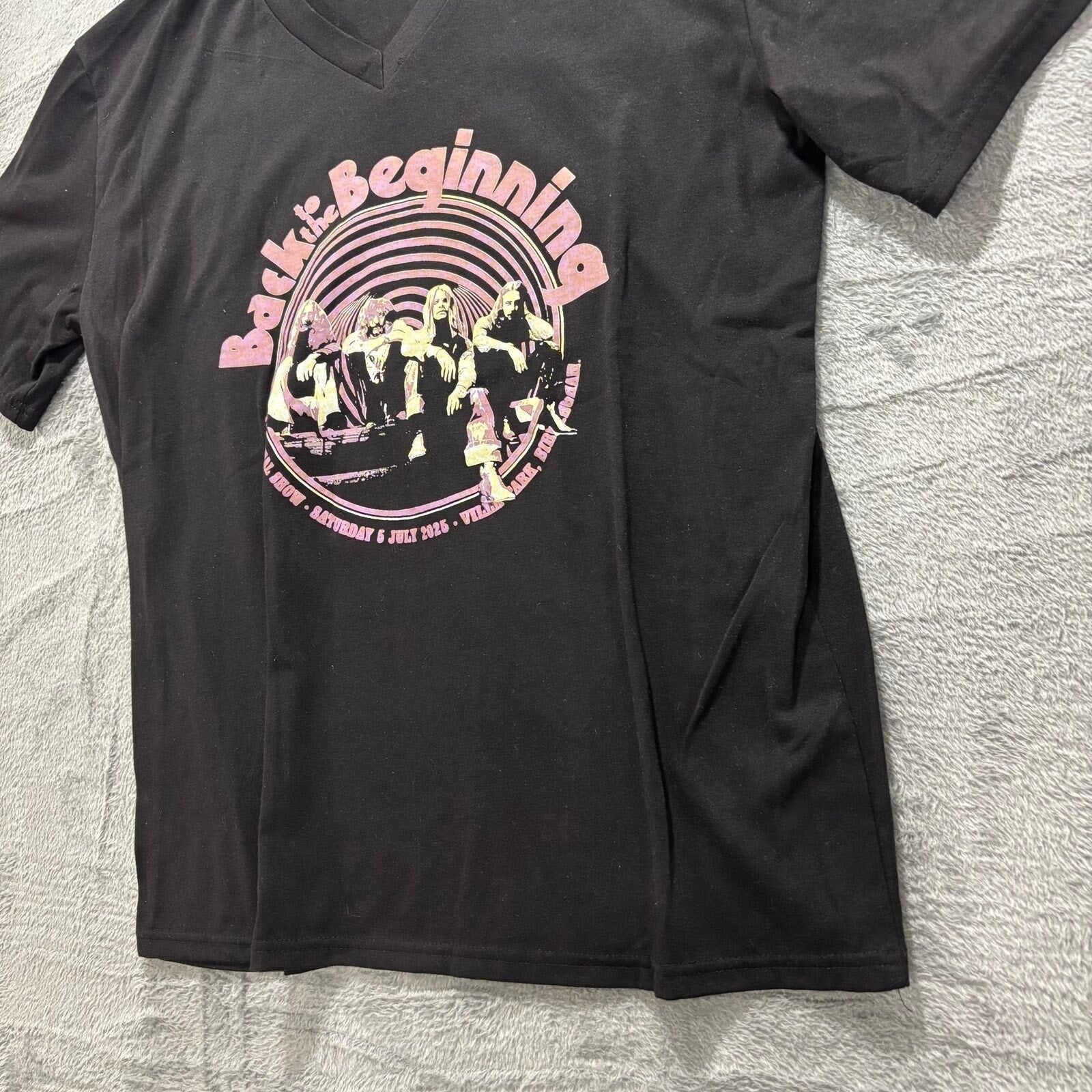 Women L Black Back to the Beginning Concert Graphic V-Neck T-Shirt Vintage Style