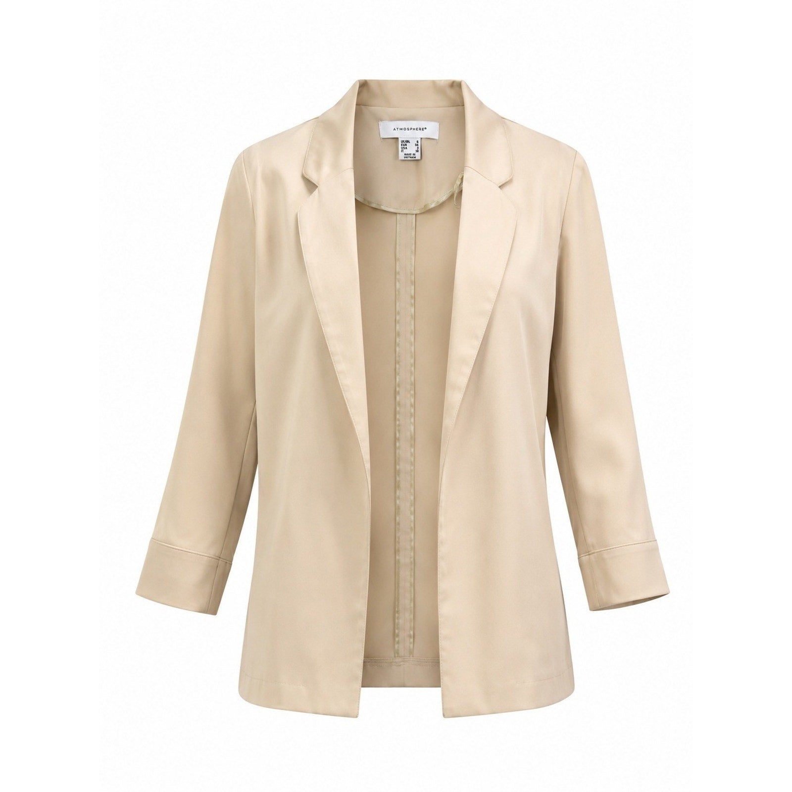 Atmosphere Womens Beige Open Front 3/4 Sleeve Notched Lapel Blazer Size 2