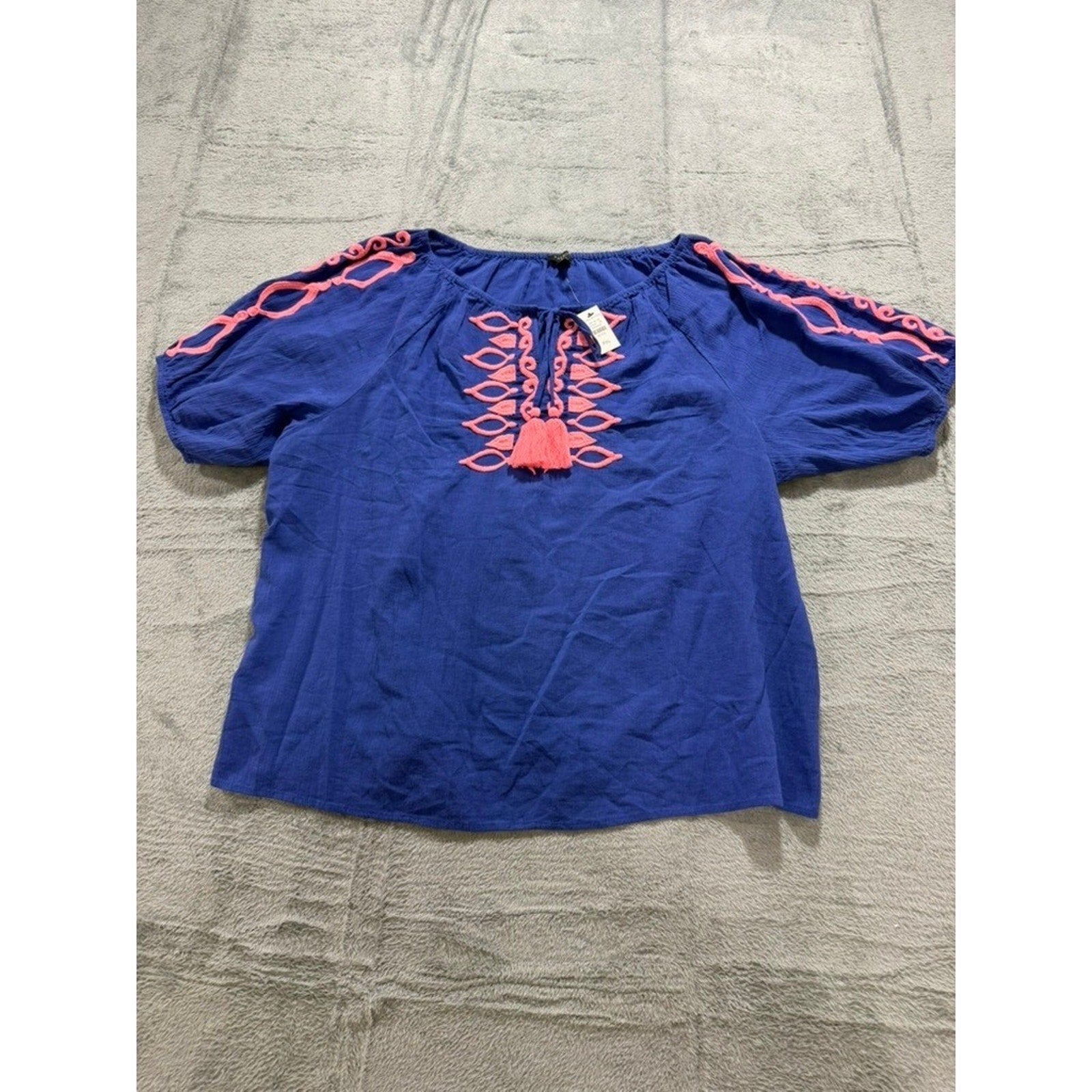 Talbots Petite XL P Blue Coral Embroidered Tassel Peasant Blouse NWT 57095257
