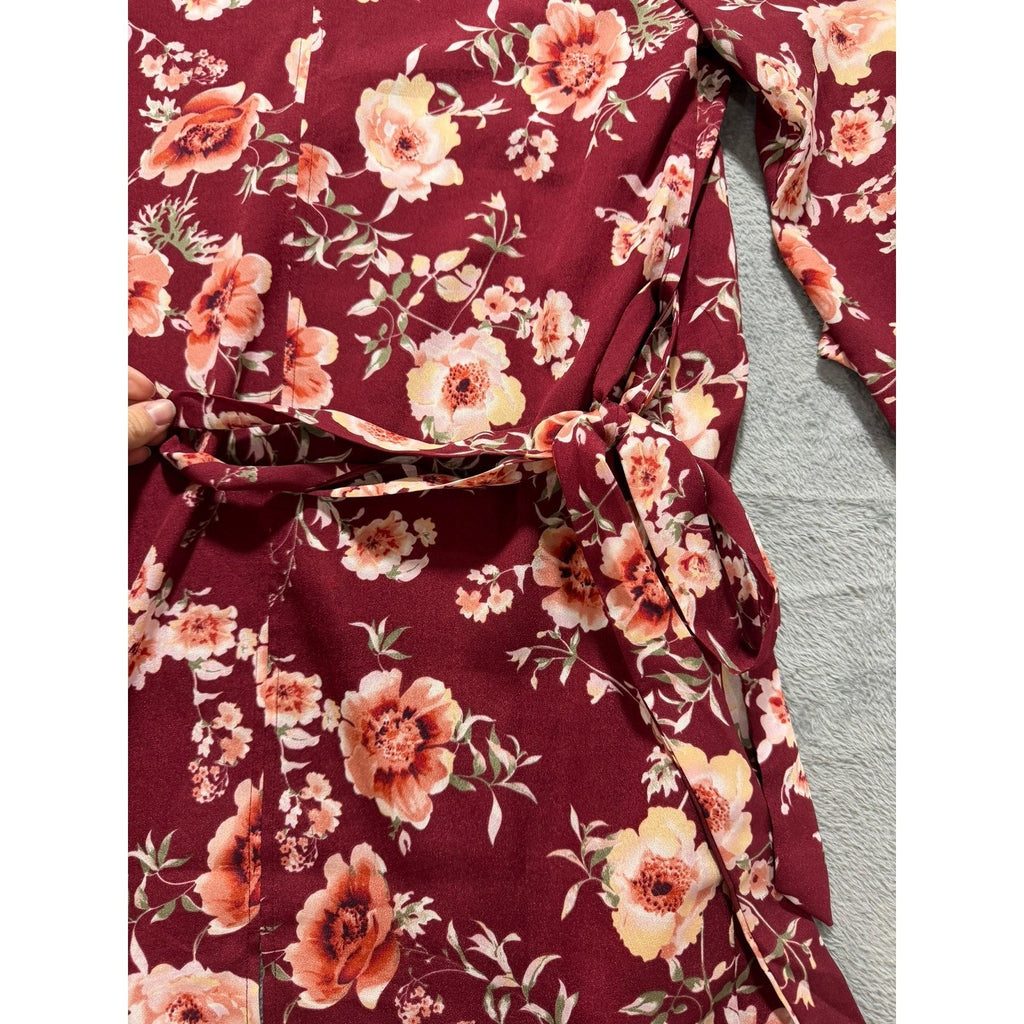 New York & Company Kimono Womens S Red Floral Duster Belted Boho