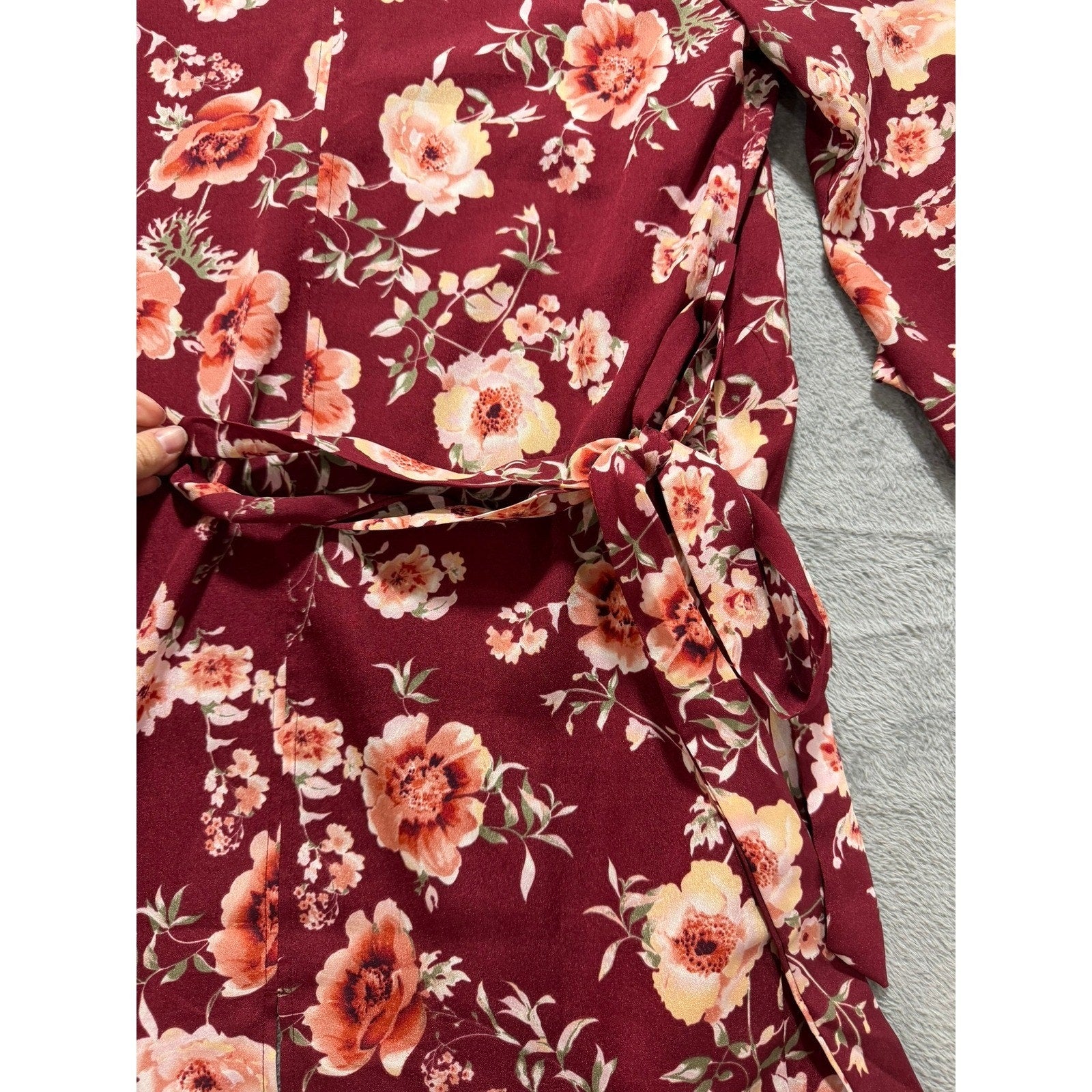 New York & Company Kimono Womens S Red Floral Duster Belted Boho
