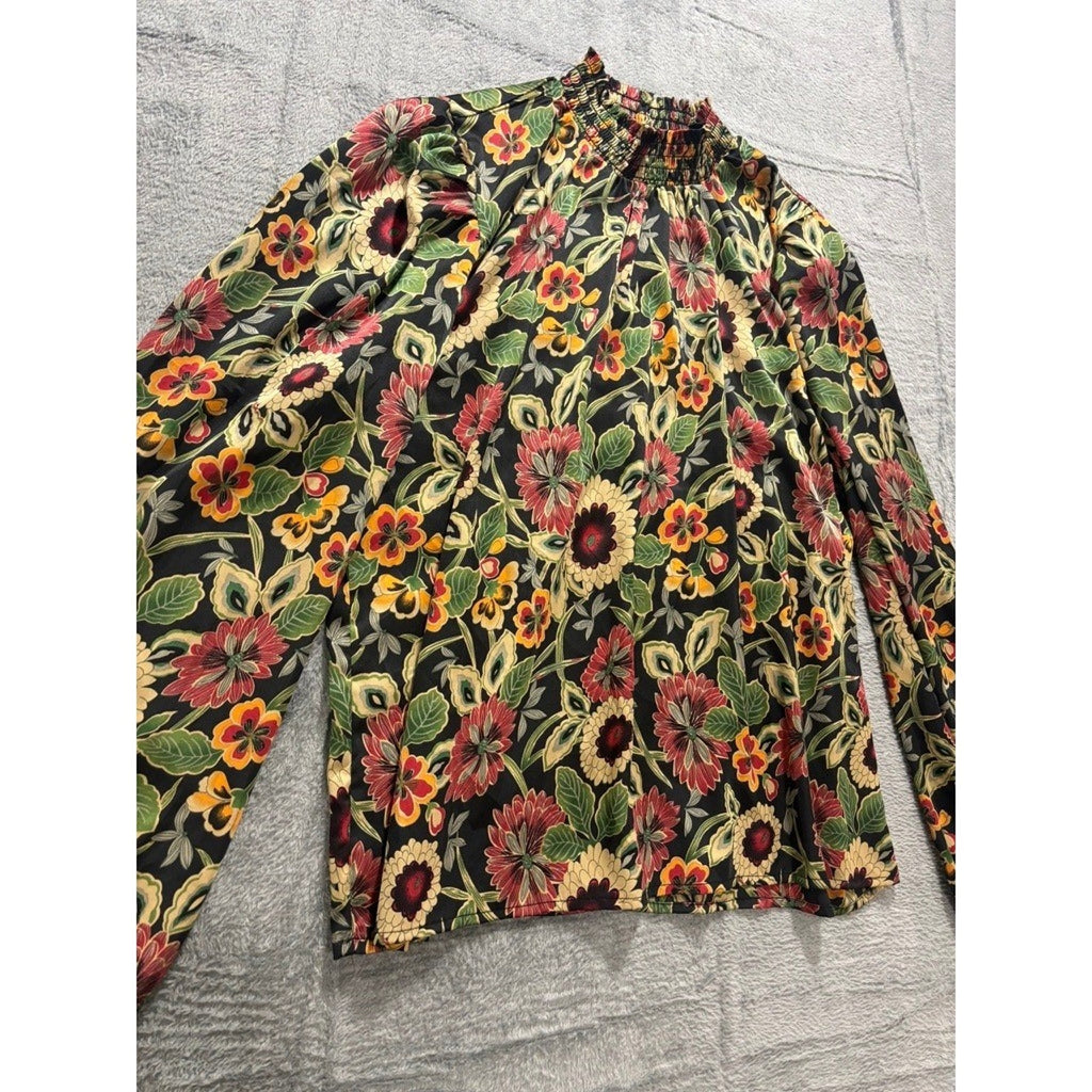 MelloDay Blouse Womens M Floral Boho Smocked Neck Long Sleeve Lightweight Office