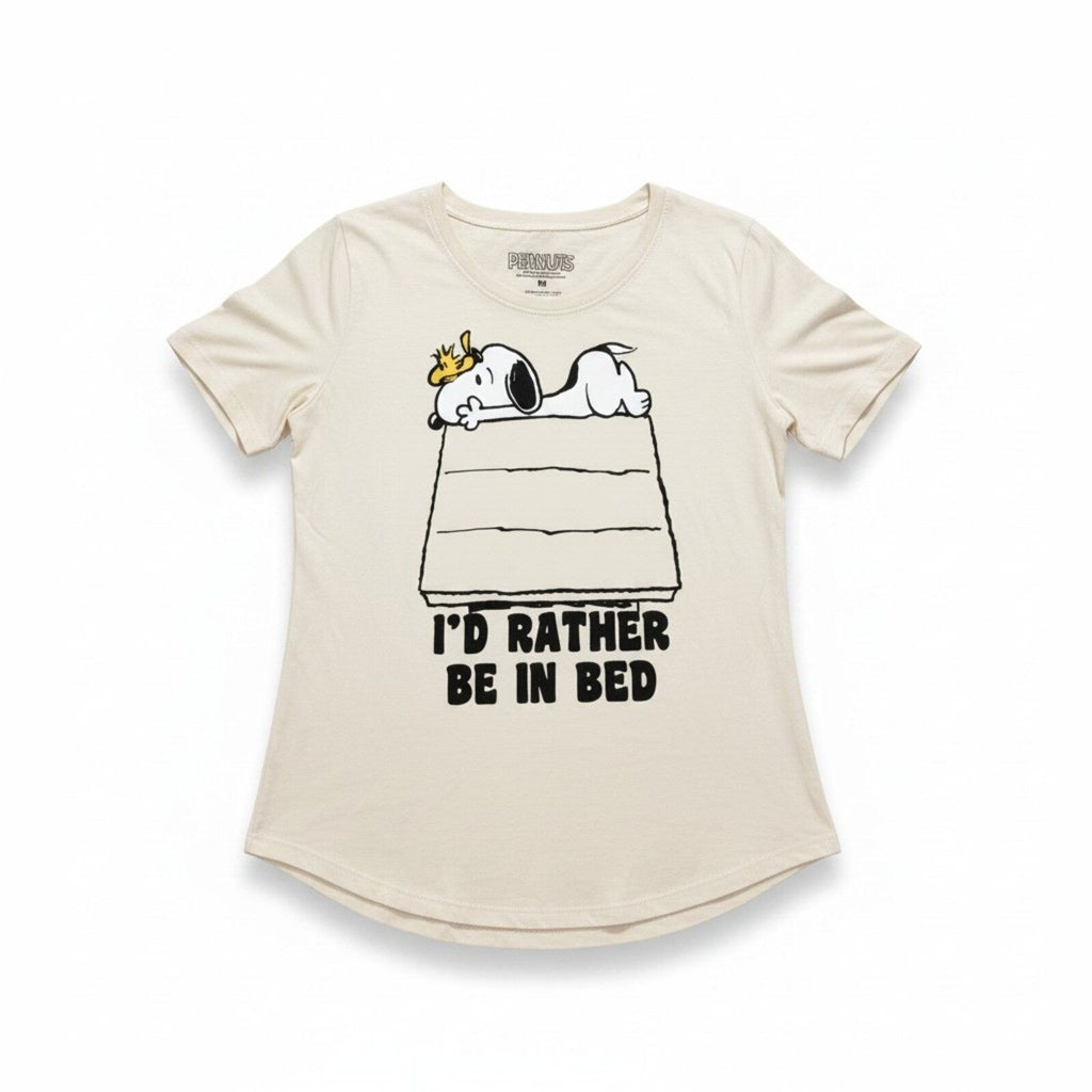 Peanuts M Cream Womens Snoopy I'd Rather Be In Bed Graphic T-Shirt Cozy Vintage