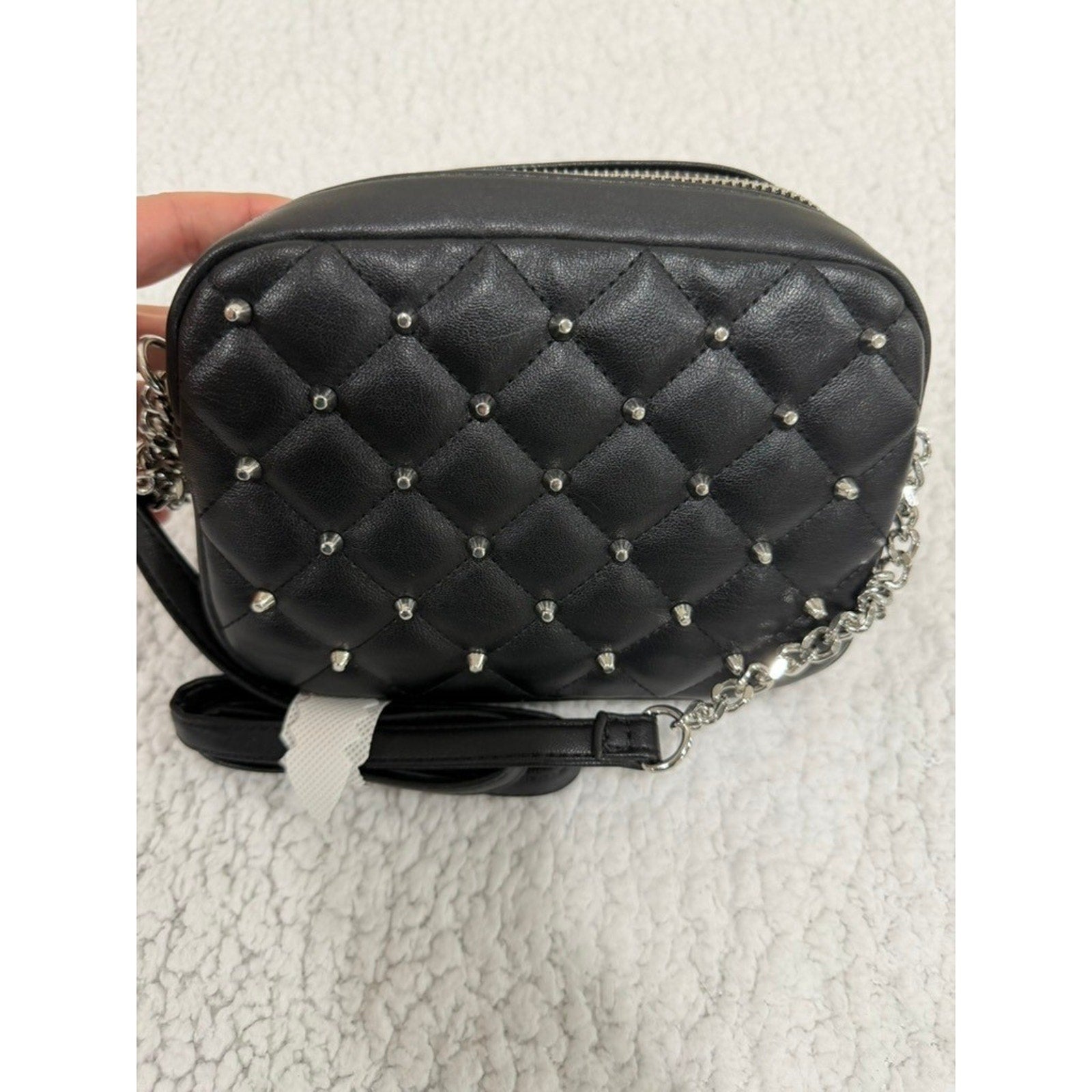 Rebecca Minkoff Black Quilted Studded Leather Crossbody Camera Bag Silver Studs