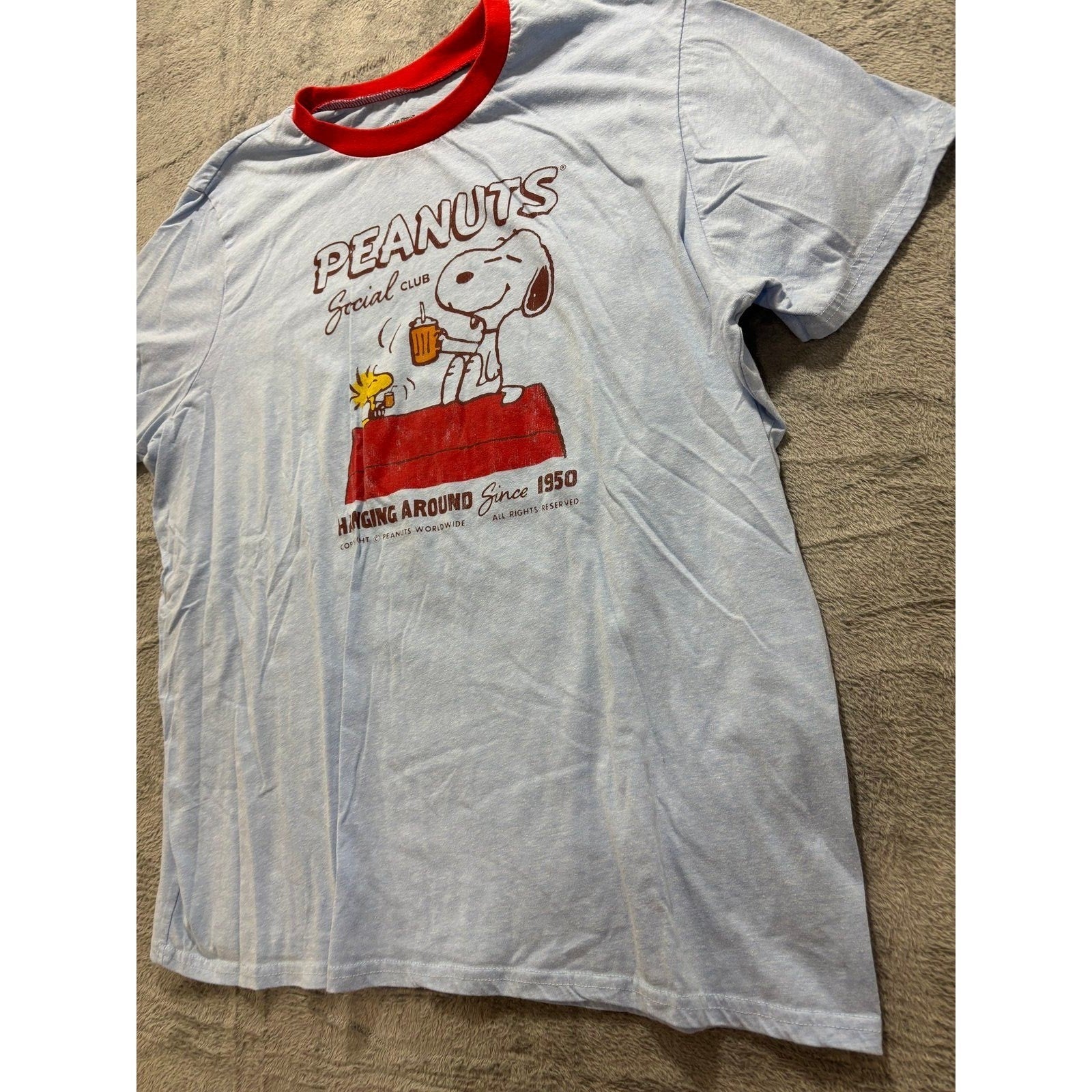 Peanuts Women XXL Lt Blue Snoopy Woodstock Ringer T-Shirt Casual Vintage Style