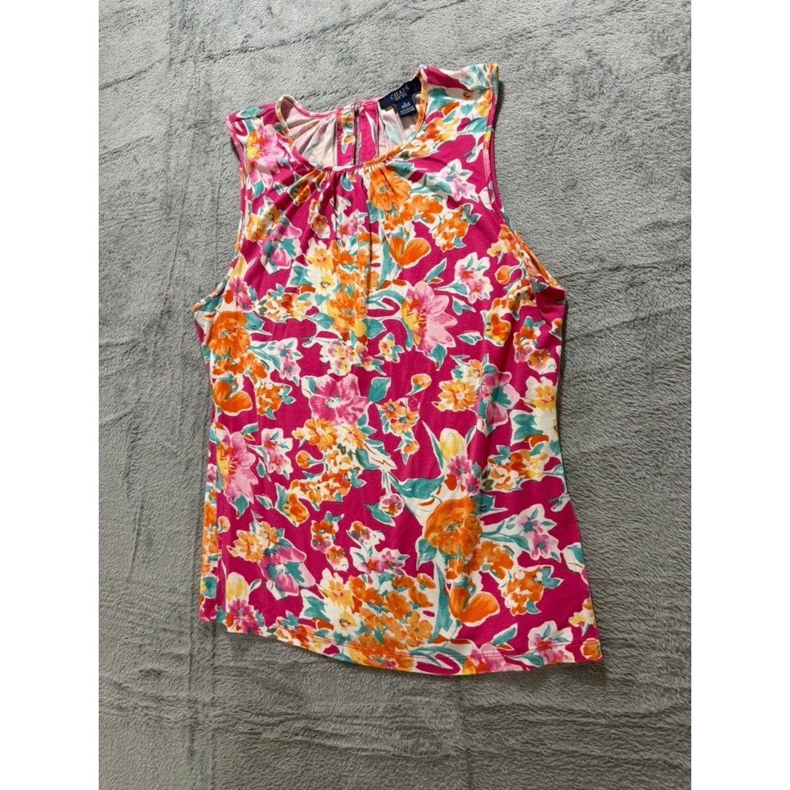 Chaps Womens Pink Floral Sleeveless Pleated Neck Shell Blouse Top Large L