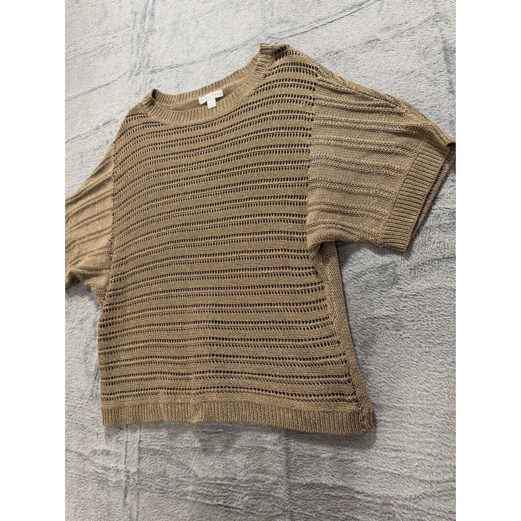 New York & Company Sweater Top Womens M Beige Open Knit Short Sleeve Metallic