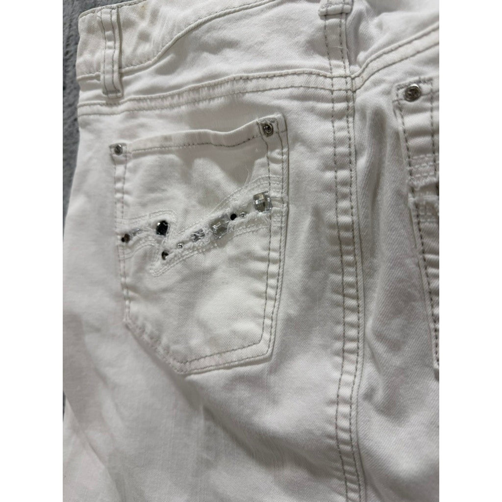 White House Black Market Denim Mini Skirt Women Size 2 White Floral Stretch