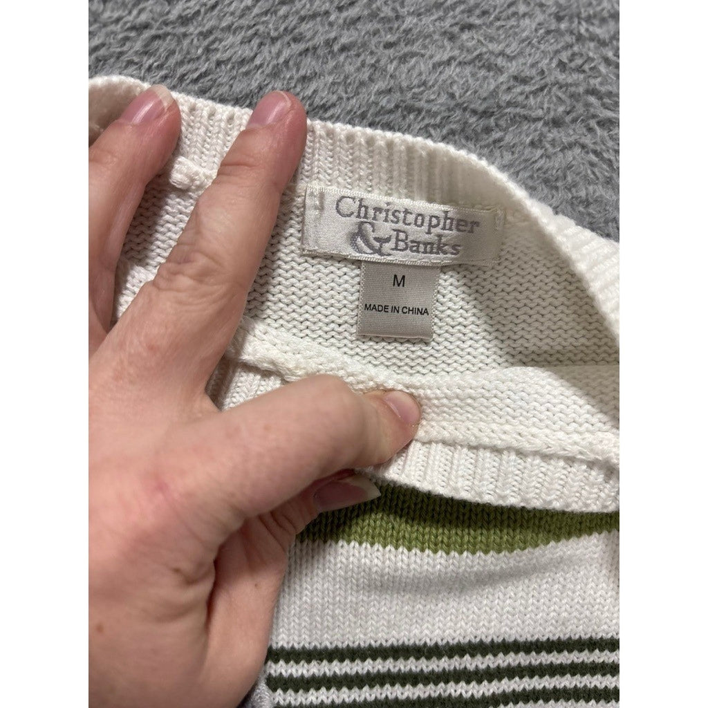 Christopher & Banks Sweater Womens Medium White Green Striped Cotton