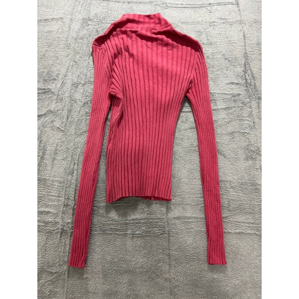 CAbi Ribbed Zip Sweater Womens Small Pink Silk Blend Fitted Stretch Y2K
