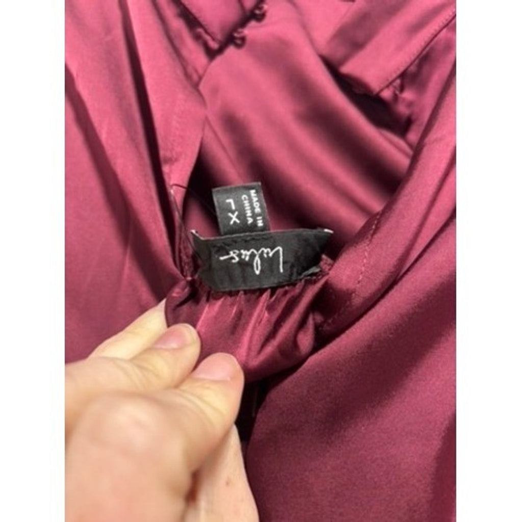 Lulus Burgundy Satin High Neck Draped Maxi Dress Size XL Sleeveless Side Slit