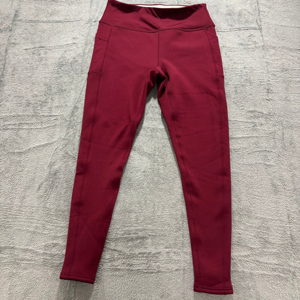 Womens L Burgundy Fleece Lined Leggings Pockets Athleisure Casual