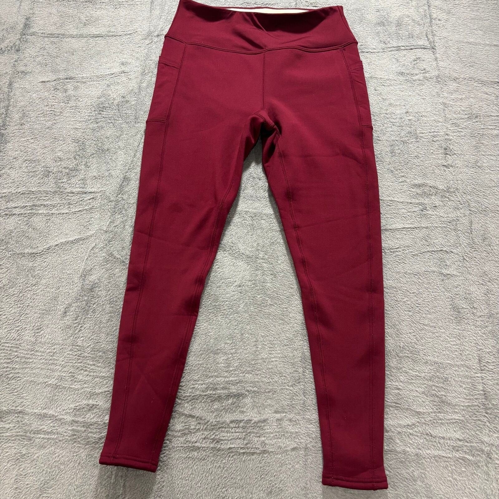 Womens L Burgundy Fleece Lined Leggings Pockets Athleisure Casual