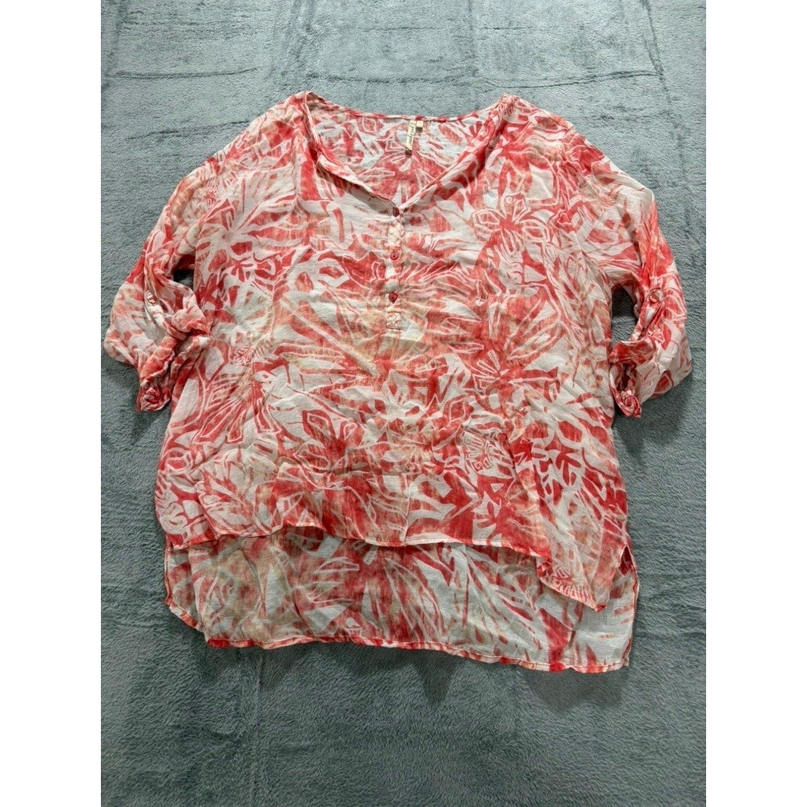 Grand & Greene Womens 1X Tropical Floral Roll Tab Sleeve High Low Blouse Orange