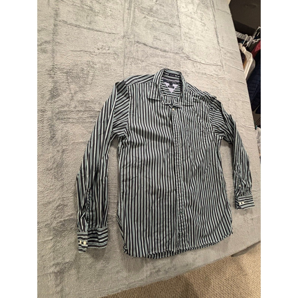Tommy Hilfiger L Green Blue Striped Button Down Shirt Mens Custom Fit Preppy