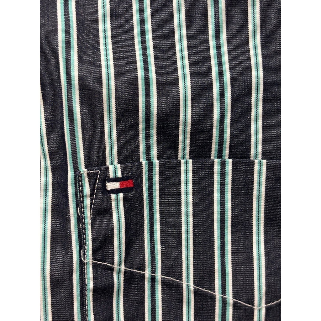 Tommy Hilfiger L Green Blue Striped Button Down Shirt Mens Custom Fit Preppy