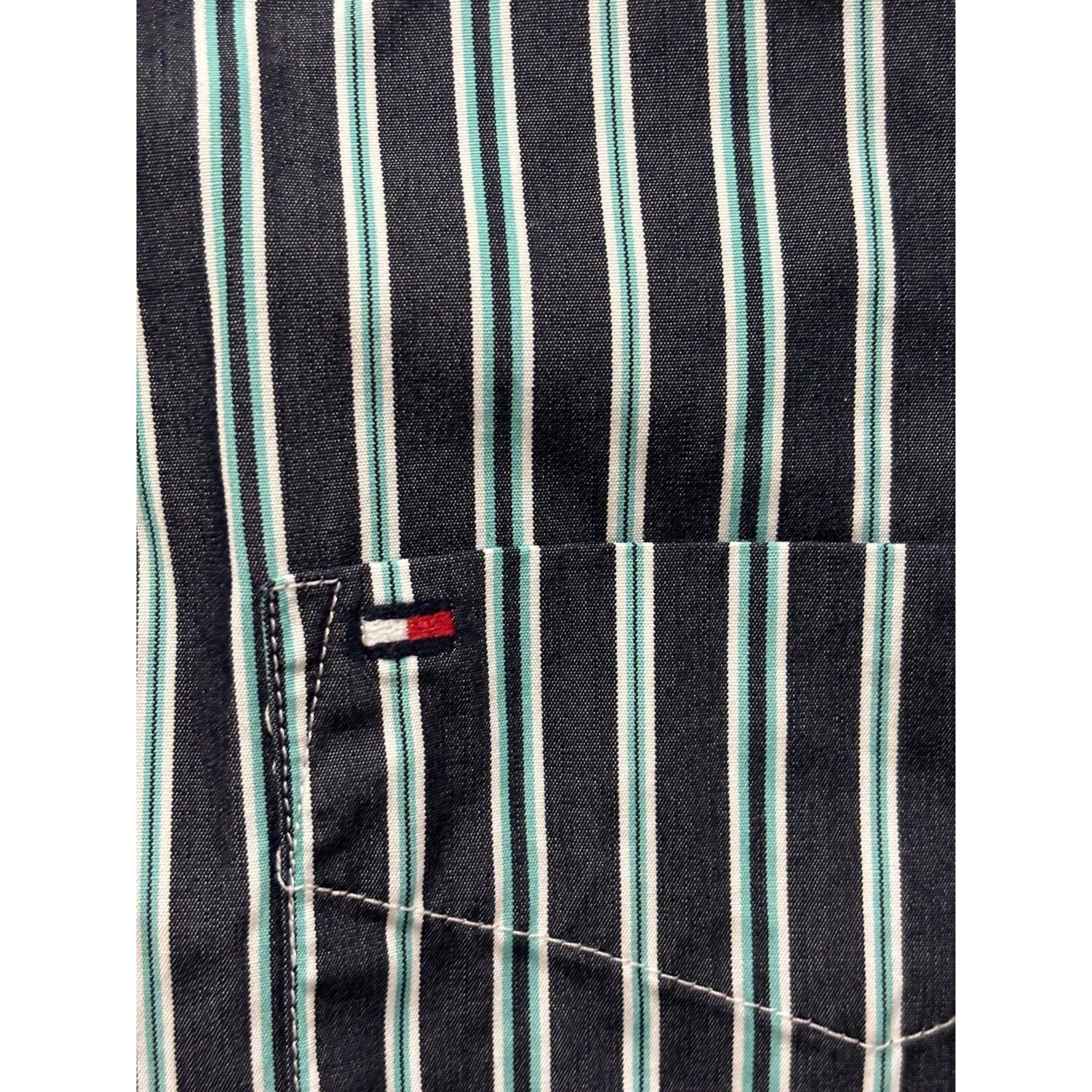 Tommy Hilfiger L Green Blue Striped Button Down Shirt Mens Custom Fit Preppy