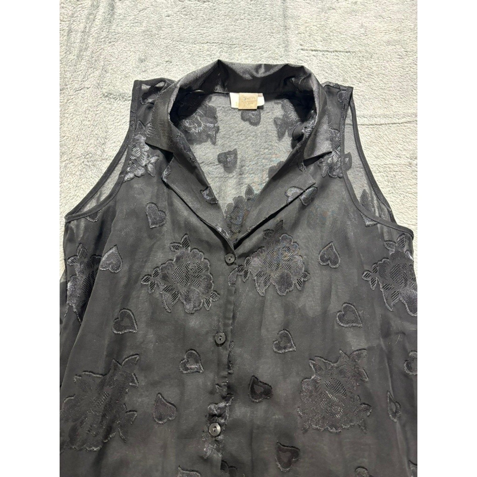 L.A. Intimates Blouse Womens Medium Black Sheer Floral Heart Button Up